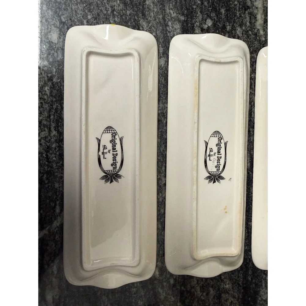 Vintage Shafford Ceramic Corn on the Cob Dishes Set of 4 Yellow Green 9.5in